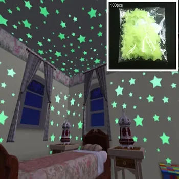 100шт 3 см 3D светящиеся наклейки на стену в виде звезд, флуоресцентно светящиеся в темноте для дома, детской комнаты, гостиной, деколи для вечеринок Изображение