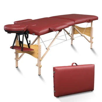 2 Секции складного переносного косметологического массажного стола на буковых ножках шириной 60 см с регулируемой высотой винно-красного цвета Изображение