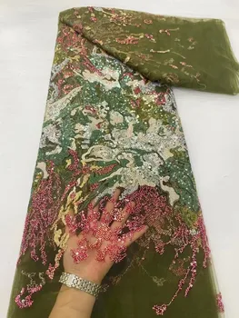 2023 Зеленая Роскошная Французская кружевная ткань из тюля с 3D бисером, высококачественная Африканская кружевная ткань с пайетками для вечернего платья Изображение
