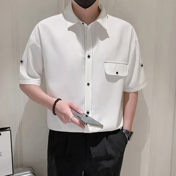 2023 Изысканная мужская мода, повседневная Корейская версия Everything, однотонная рубашка в британском стиле Sense of Ice Silk со средним рукавом, тонкая рубашка в британском стиле Изображение