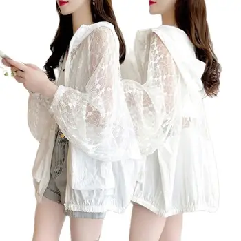 2023 Новая Летняя модная Солнцезащитная одежда, женская Корейская кружевная Открытая куртка с капюшоном, Тонкая Свободная Повседневная женская куртка Изображение