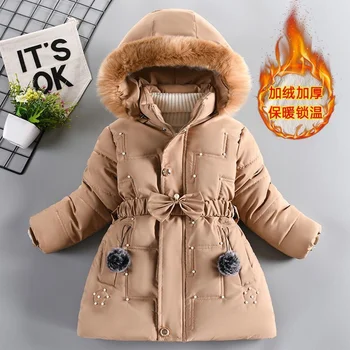 -30 ℃, зимние толстые куртки для девочек, сохраняющие тепло, с капюшоном, модная ветрозащитная верхняя одежда для больших детей от 4 до 12 лет, пальто Изображение