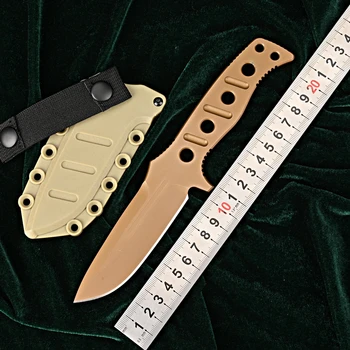 375FE-1 Фиксированный нож CruWear с плоским лезвием из темного грунта и скелетонизированной рукояткой, футляр для литья под давлением цвета пустынного загара Изображение