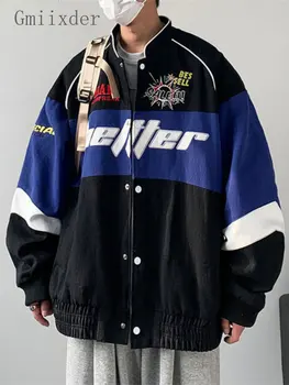 Gmiixder Американская гоночная куртка в стиле панк, подходящая по цвету Мотоциклетная бейсбольная форма, Мужская трендовая вышивка, свободное пальто-бомбер унисекс Изображение