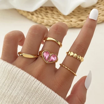 IPARAM Милый Набор колец с розовым кристаллом и циркониевым сердечком, Готическое Геометрическое Кольцо золотого цвета для женщин, подарок для влюбленных, модные украшения Изображение