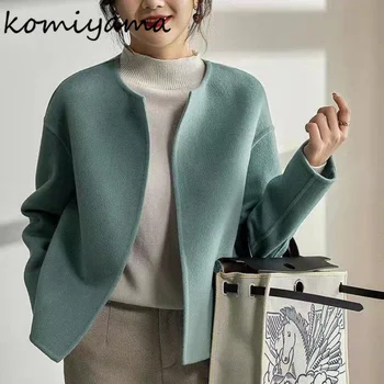 Komiyama/ Модные однотонные пальто с круглым вырезом, Винтажные Элегантные женские куртки, осенне-зимняя куртка с длинным рукавом, повседневная универсальная одежда Изображение