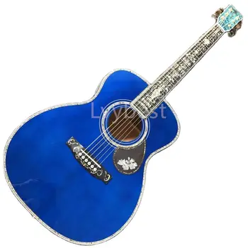 Lvybest Electric Custom Blue Color Om Body 45s Верх из твердой ели, пульсация воды, Акустическая гитара, Деревянная накладка Изображение