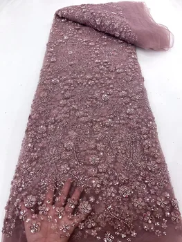 Африканская кружевная ткань ручной работы из тюля с бисером 2023, Высококачественная Нигерийская Роскошная кружевная ткань с пайетками, Французская Для Свадебных платьев Изображение