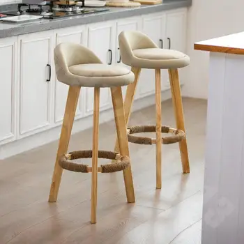 Барный стул из массива дерева, современный простой барный стул, скандинавский креативный барный стул, ретро чайный магазин, высокий стул для дома Изображение
