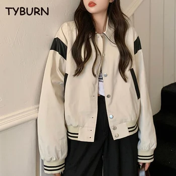 Бейсбольная куртка TYBURN Apricot Street Panel, женская демисезонная короткая куртка свободного кроя в стиле Ретро в академическом стиле, топ Изображение