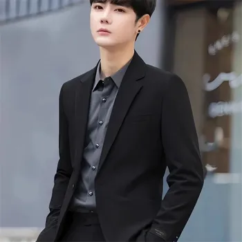 Блейзер, мужская куртка, Весенне-осенний Корейский деловой повседневный костюм, пальто с одной пряжкой, однотонные топы Terno Masculino с длинными рукавами Изображение