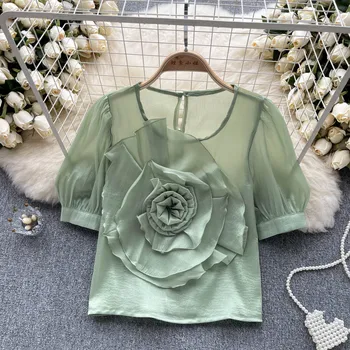 Блузки для женщин, мода 2023, шифоновая блузка с 3D цветами, женские повседневные блузки с коротким рукавом, женские летние блузки во французском стиле, прямая поставка Изображение