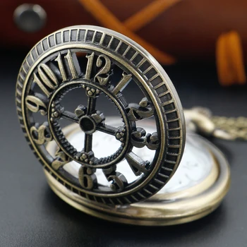 Бронзовые детали С полой поперечной передачей, цифровые кварцевые карманные часы в стиле стимпанк, винтажное ожерелье, брелок, цепочка, часы, мужской подарок Изображение