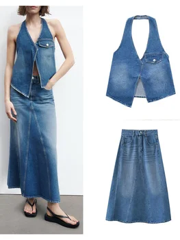 Весенне-летний новый женский джинсовый топ с клапаном и регулировкой на пуговицах, асимметричный подол, короткий вырез на шее + юбка со средней талией Изображение