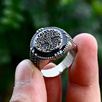 Винтажное кольцо с Древом Жизни скандинавских Викингов из нержавеющей стали, персонализированное байкерское кольцо-амулет, Модные мужские ювелирные изделия, подарки Оптом Изображение