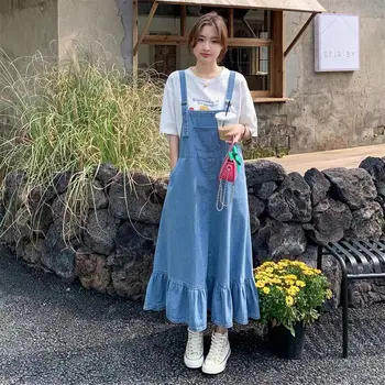 Вымойте Джинсовое платье на подтяжках, Женское Летнее платье 2023, новое платье с тонкими Оборками в Корейском стиле на ремешке Изображение