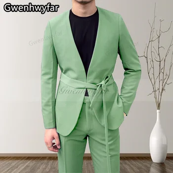 Деловой Мужской Праздничный костюм Gwenhwyfar Tea Green, включающий пиджак И брюки, 2022 года, Высококачественный Свадебный Смокинг Жениха, Лучший Мужской Смокинг Изображение