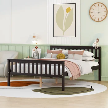 Деревянная кровать-платформа большого размера с изголовьем для эспрессо, цвет сосна эспрессо [на складе в США] Изображение