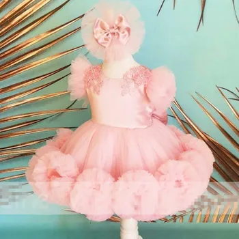 Детское Розовое платье в цветочек для девочек, Атласные свадебные платья принцессы для девочек, Аппликация, Съемный головной убор со шлейфом Изображение