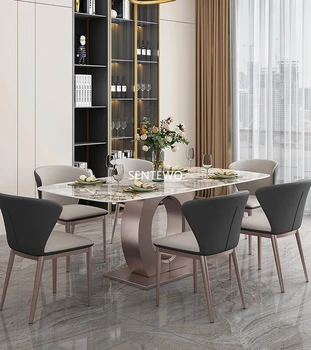 Дизайнерская роскошная столовая из мраморной плиты обеденный стол с 4 стульями mesas comedor мебель мрамор Нержавеющая сталь золотое основание Изображение