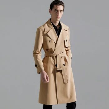 Длинный мужской тренч Minglu цвета Хаки, роскошные Осенне-зимние двубортные мужские куртки, Модные Свободные мужские пальто с поясом 6XL Изображение