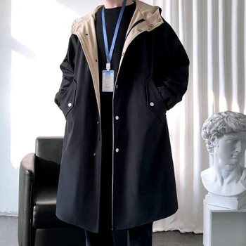 Длинный тренч, куртка, мужская хип-хоп Корейская модная ветровка, Уличная одежда, мужские повседневные куртки в стиле пэчворк с капюшоном, Весна-осень Изображение