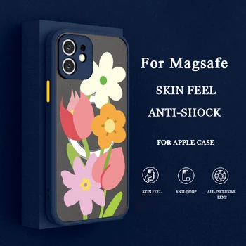Для магнитного чехла Magsafe для iPhone 14 Plus 13 12 Mini 11 Pro XS Max XR X Матовый полупрозрачный гибридный чехол с цветочным рисунком Изображение