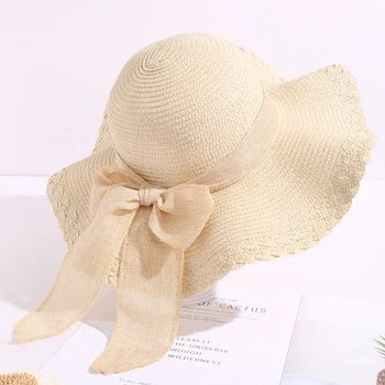 Женская соломенная шляпа от солнца с широкими полями, пляжная шляпа от солнца с лентами и бантом для ежедневных путешествий, Пляжная кепка с летней защитой от ультрафиолета Изображение