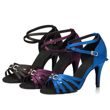 Женские Сексуальные туфли для латиноамериканских танцев Сальса Стразы Фиолетовый Синий Черный цвет Новый стиль Высота каблука 7,5 см Туфли для бальных танцев Танго Изображение