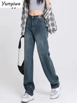 Женские джинсы с высокой талией, винтажные синие шикарные брюки Deni, уличная одежда 20 Y2k, одежда высокого качества Изображение