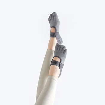Женские нескользящие носки для йоги с ручками, носки с пятью пальцами для бега, пилатеса, балета, фитнеса Изображение