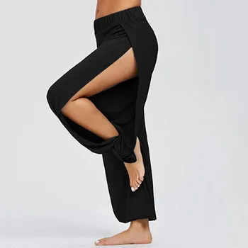 Женские однотонные брюки для йоги с разрезом, высокая эластичность, упражнения, бег, досуг, выдалбливают, свободные, негабаритные, с высокой талией, из полиэстера Изображение