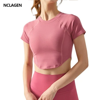 Женские рубашки для йоги NCLAGEN, спортивный укороченный топ с подкладкой, топы для занятий фитнесом на открытом воздухе, для бега, сухой посадки, высокоэластичные футболки для тренировок в тренажерном зале. Изображение