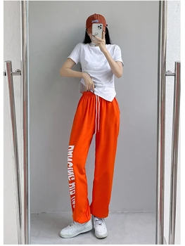 Женский летний спортивный костюм с высокой талией и коротким рукавом, однотонная футболка в стиле хип-хоп, Оранжевые брюки в стиле хип-хоп, комплект из двух предметов, женские Изображение