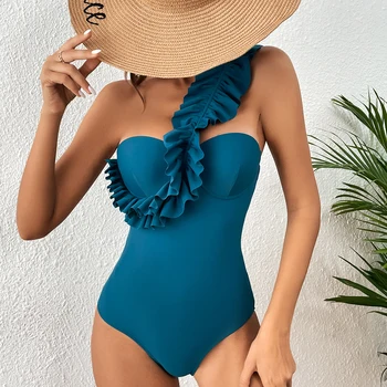 Женский цельный купальник высокого качества, купальники на одно плечо, Монокини с принтом Soild Ruffe, Летний купальный костюм, Тропическое боди Изображение