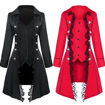 Женское пальто, кружевной тренч в стиле стимпанк, средневековая ветровка, Викторианская куртка, готический фрак, косплей на Хэллоуин Изображение