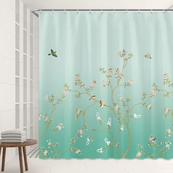Занавеска для душа с птичьими цветами, тропический узор с изображением гавайских джунглей, тканевый набор для декора ванной комнаты с крючками Изображение