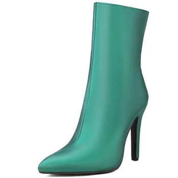 Зеленые женские ботильоны 2022 г., осень-зима, короткие ботинки на тонком каблуке с острым носком, Черные, красные, бежевые Туфли для вечеринок, женские, Большой размер 48 Изображение