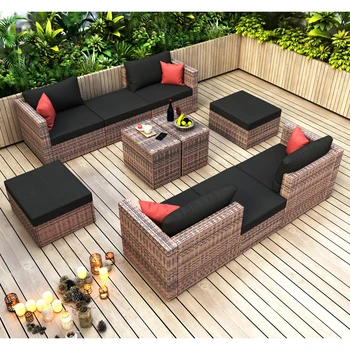 Комплект из 10 предметов для беседки в саду на открытом воздухе, коричневый плетеный секционный диван для разговора с черными и красными подушками Изображение