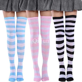 Компрессионные носки Длинные носки в цветную полоску, женские чулки выше колена, теплые гольфы для девочек в стиле Лолиты Изображение