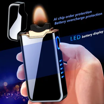 Крутая мода Импульсная Дуговая Металлическая USB-аккумуляторная зажигалка С дисплеем, Инструмент для зажигания сигар, Мужской подарок, Классный подарок Изображение