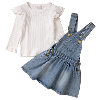 Летняя одежда для малышей, бутик одежды для девочек, Корейская милая хлопковая белая футболка + джинсовая юбка, комплект детской одежды BC486 Изображение