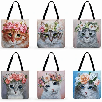 Многоразовая хозяйственная сумка с цветочным принтом Cat, женская сумка через плечо, холщовая тканевая сумка, уличная пляжная сумка, повседневная сумка-тоут Изображение