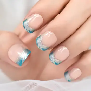 Многоразовые синие и розовые глянцевые акриловые накладные ногти с полным покрытием средней площади, круглые накладные ногти для женщин и девочек Изображение