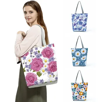 Модная женская сумка через плечо с цветочным принтом и растениями, экологичная портативная складная сумка для покупок на открытом воздухе, вместительная сумка-тоут для хранения Изображение