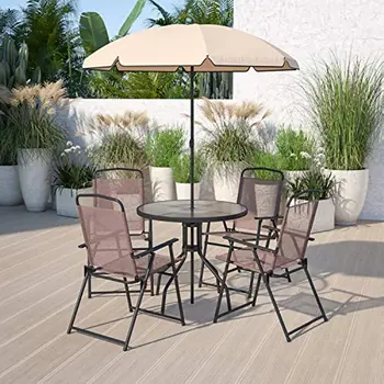 Модная мебель Nantucket, коричневый садовый набор для патио из 6 предметов, столик с зонтиком и набор из 4 складных стульев Изображение