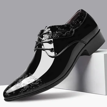 Модные мужские Зеркальные Роскошные Туфли в Британском стиле, Большие Размеры 48, Модельные туфли на низком каблуке, Мужские Деловые Блестящие Кожаные Туфли для Мужчин Изображение