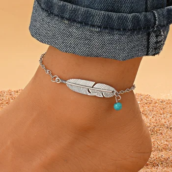Модные простые богемные ножные браслеты из перьев для женщин, Ретро Этнические Серебряные браслеты с полыми листьями, пляжные украшения, Аксессуары, подарок Изображение