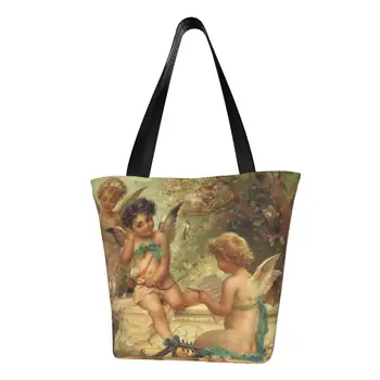 Модные сумки-тоут с принтом Винтажной Розы и Викторианского Ангела, Моющиеся Холщовые сумки для покупок Изображение