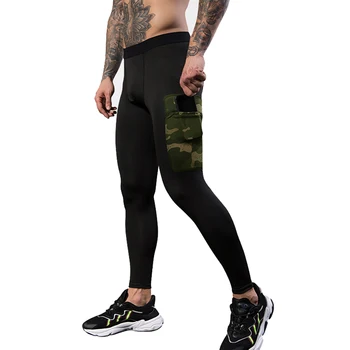 Мужские колготки для бега с карманом, спортивные леггинсы, компрессионное нижнее белье, быстросохнущие камуфляжные брюки для бега, спортивные брюки для спортзала, ММА Изображение